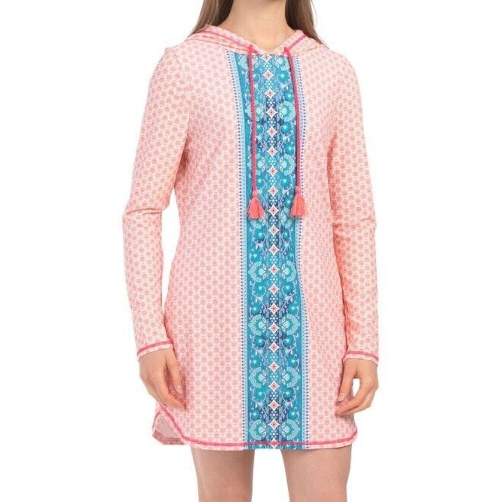 AQUA ET SOL Beach Coverup Dress Blue Orange Print Hooded Hoodie UPF 50+